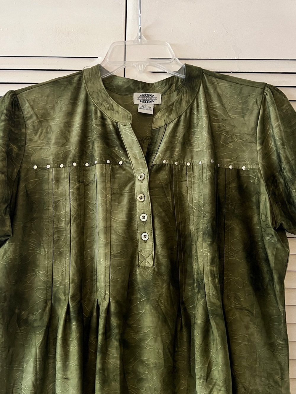 Sienna Grace Soft Pleated Olive Green Women's Top with Stud Detail - Picture 2 of 7